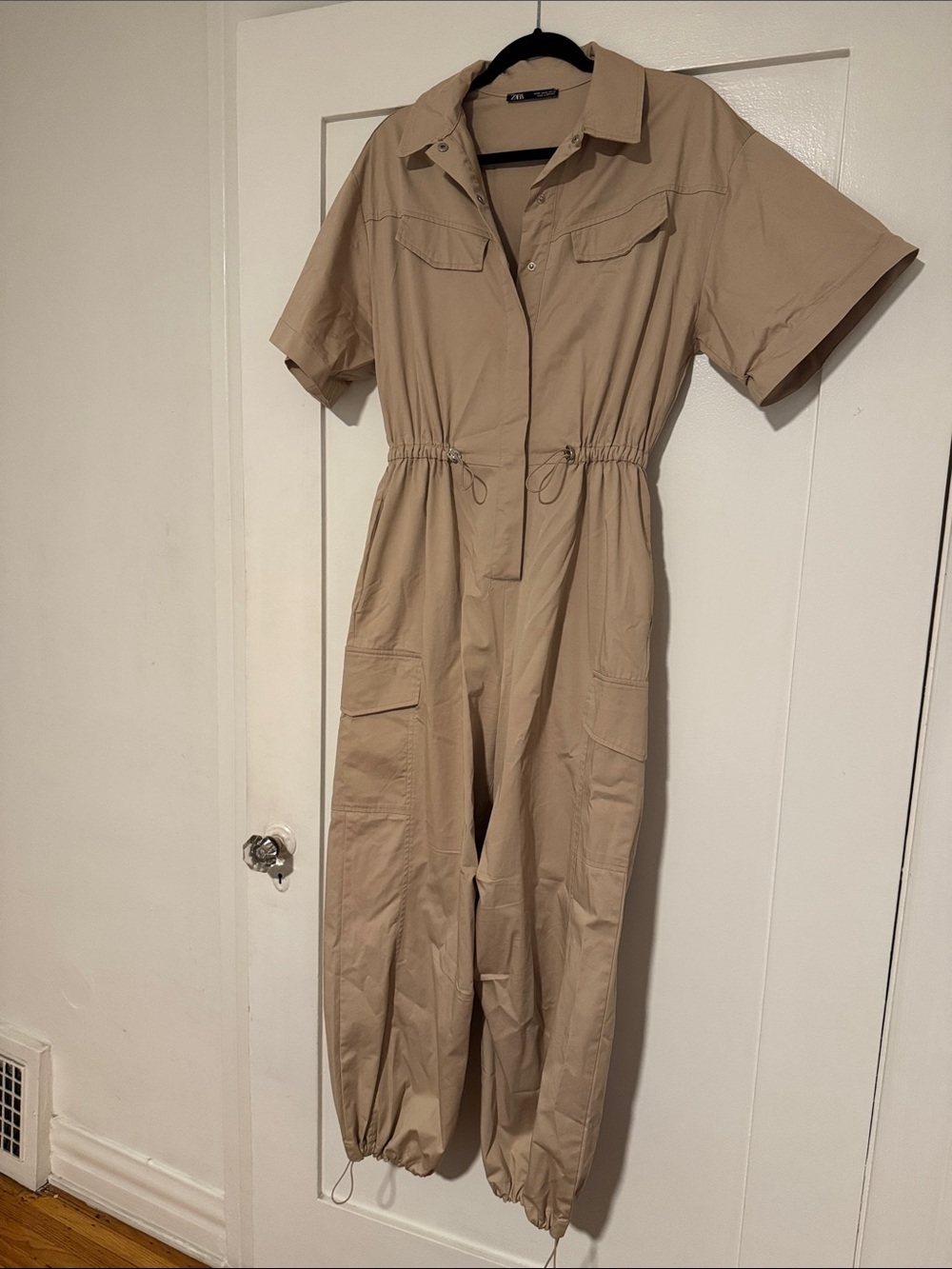 Zara Beige Short-Sleeve Utility Jumpsuit